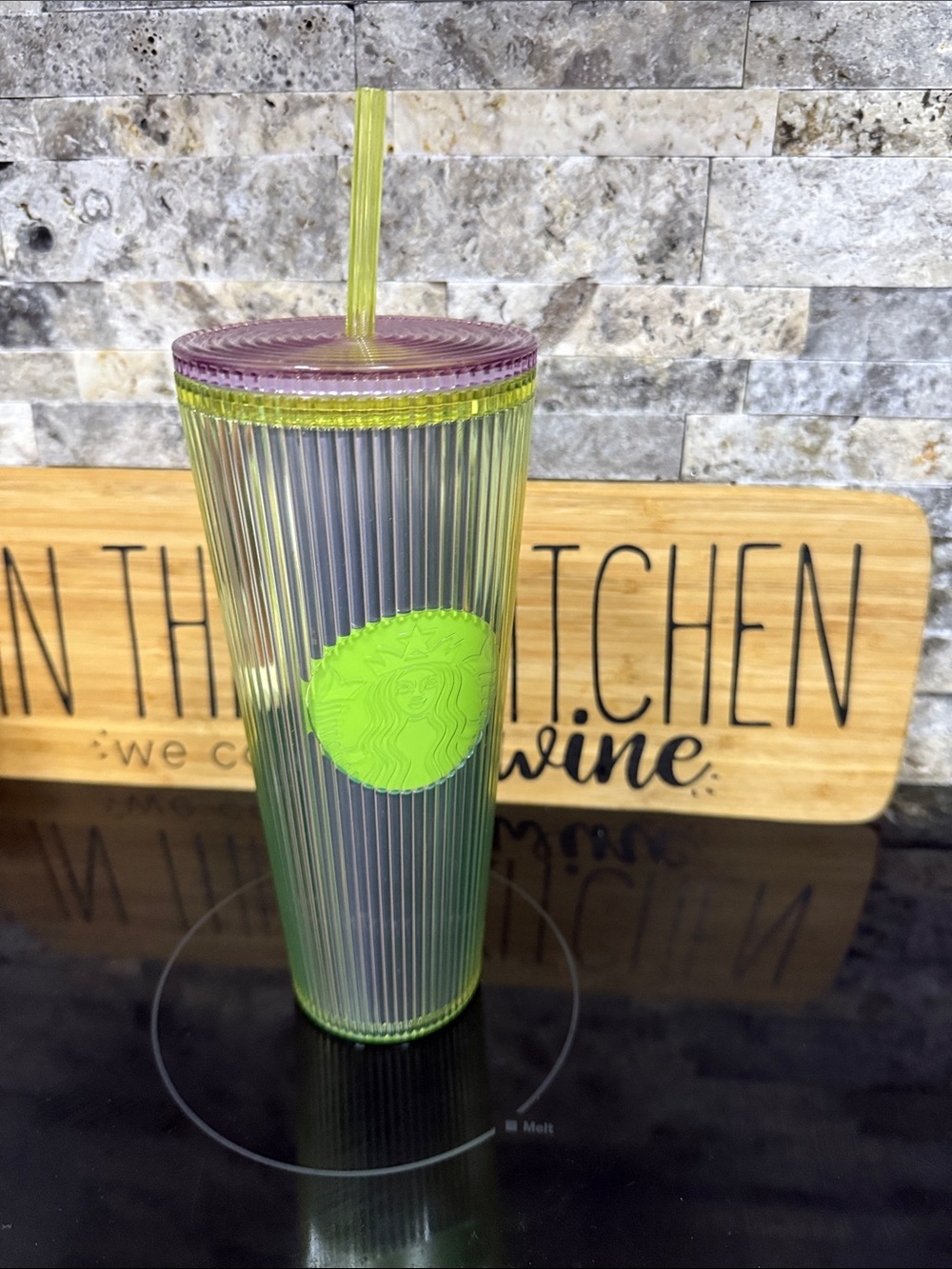 Starbucks Lime Green and Purple Ribbed Tumbler with Straw